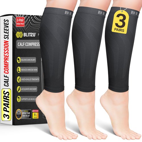 BLITZU 3 Pairs Calf Compression Sleeves for Men and Women. Footless Compression Socks & Leg Support for Running, Travel, Nursing, Fitness. Shin Splints Pain Relief & Reduce Swelling Black L-XL