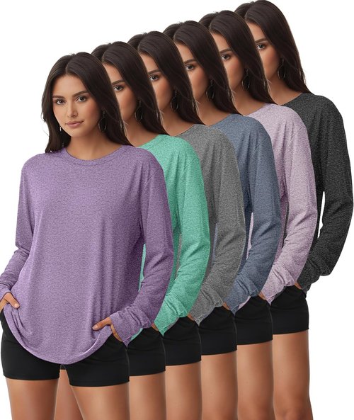 Kinglaman Women's Long Sleeve Workout Shirts - UPF 50+ Sun Protection Dry Fit Tees | 6 Pack
