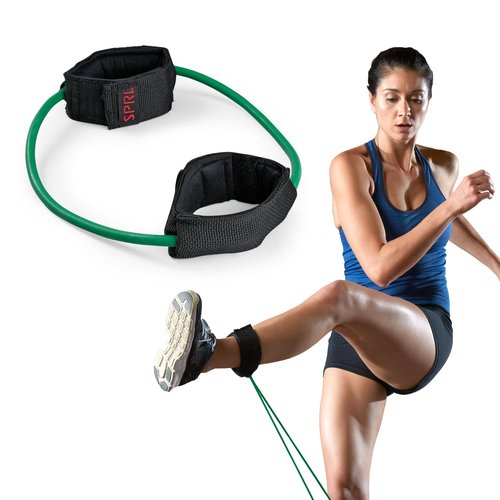 SPRI Xercuff Leg Resistance Band Exercise Cord with Non-Slip Padded Ankle Cuffs, Green, Light