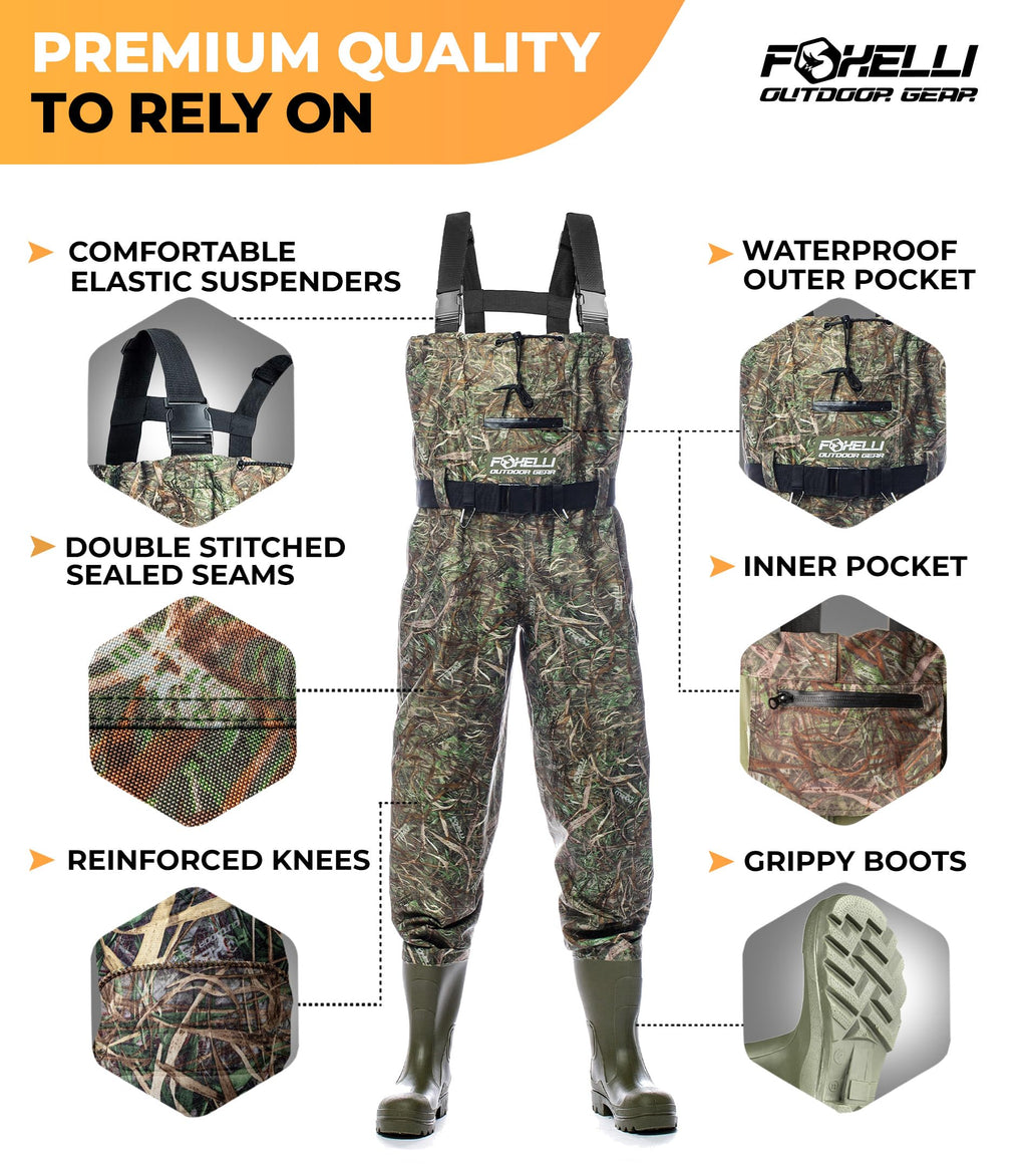 Foxelli Chest Waders – Waterproof 2-ply Nylon/PVC Camo Hunting Fishing Waders for Men and Women with Boots