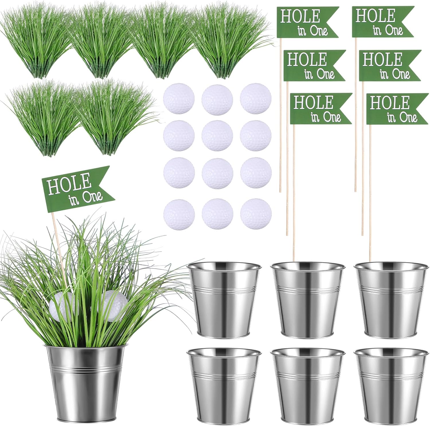 Soulchen Golf Party Table Decorations Kit - 6 Iron Buckets, 12 Mini Golf Balls & 6 Flags | Classic Design