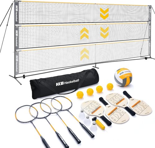 Haokelball Portable Badminton, Volleyball & Pickleball Net Set - 22FT Adjustable Height with Balls & Carry Bag