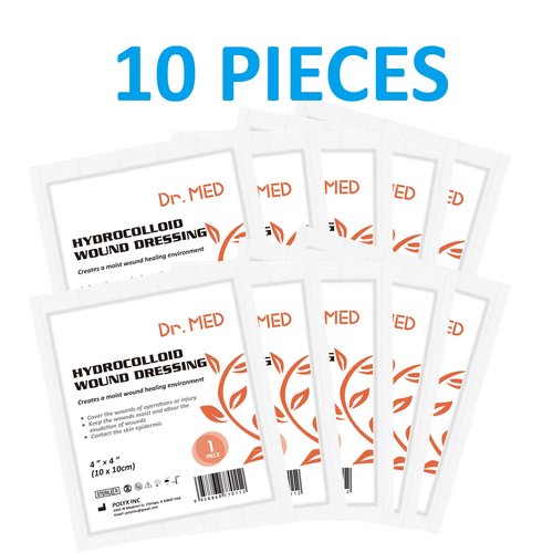 Dr. Med Hydrocolloid Wound Dressing 4"x4"-10 Pack/Box, Waterproof Adhesive Bordered Bandage, for Light Exudate, Abrasions, Pressure Ulcer, Bed Sore, Superficial Wound Care