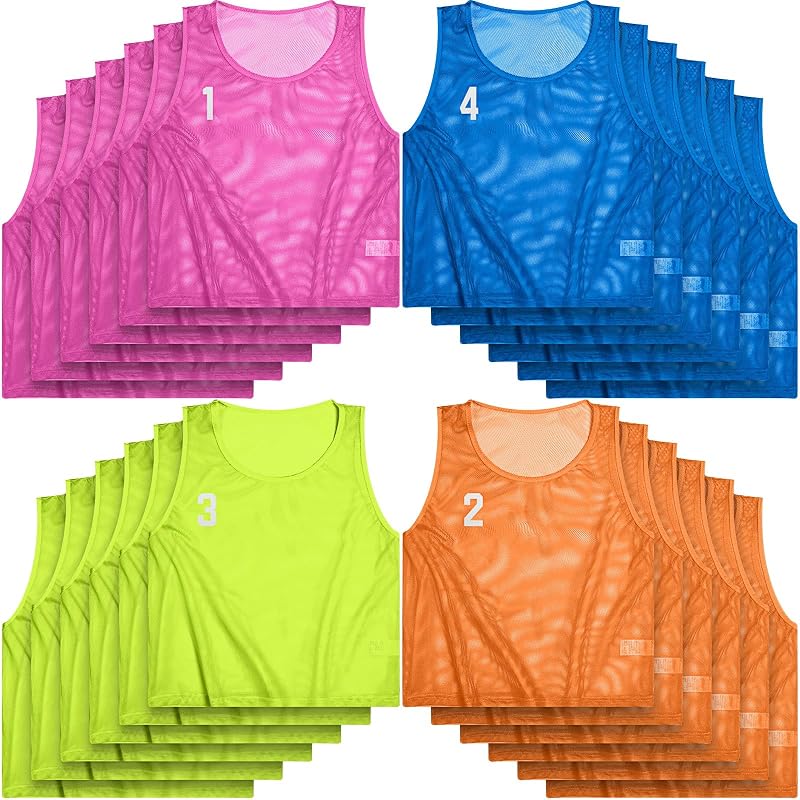 Boyiee 24-Pcs Nylon Pinnies with 40 Iron-On Numbers, Adult/Youth Soccer Scrimmage Vests – Fluorescent Green, Dark Blue, Orange, Pink