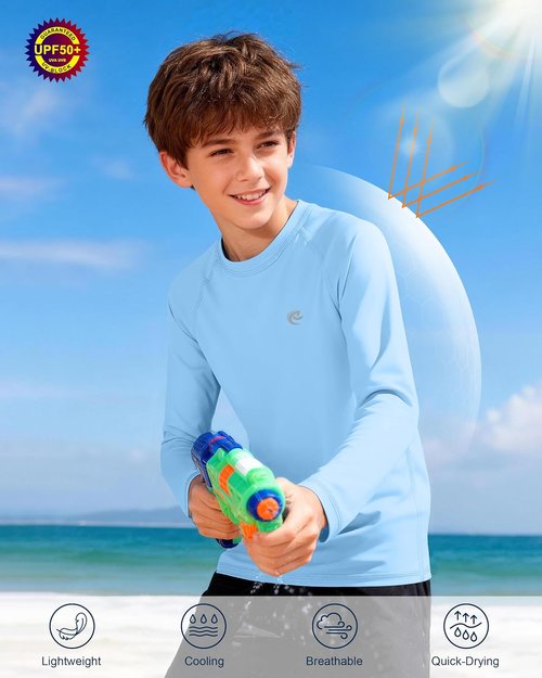 Boys UPF 50+ Swim Shirt Long Sleeve, 1 or 2 Pack UV Sun Protection Rash Guard, Youth Kids SPF Water Shirts for Beach Surf