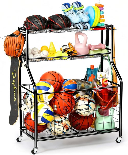 Kinghouse Basketball Rack - Steel Sport Equipment Organizer with Bat Holder & Hooks | Easy Assembly for Garage & Home Gym