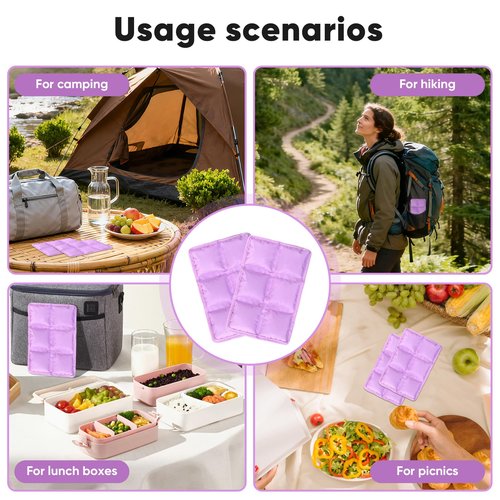 Ice Packs for Lunch Boxes & Coolers -Slim Reusable Space Saving Cooler Ice Packs,Water Absorption (6”x4”x0.7”) -Purple, Non-Toxic Cooler for Picnic,Sports & Camping