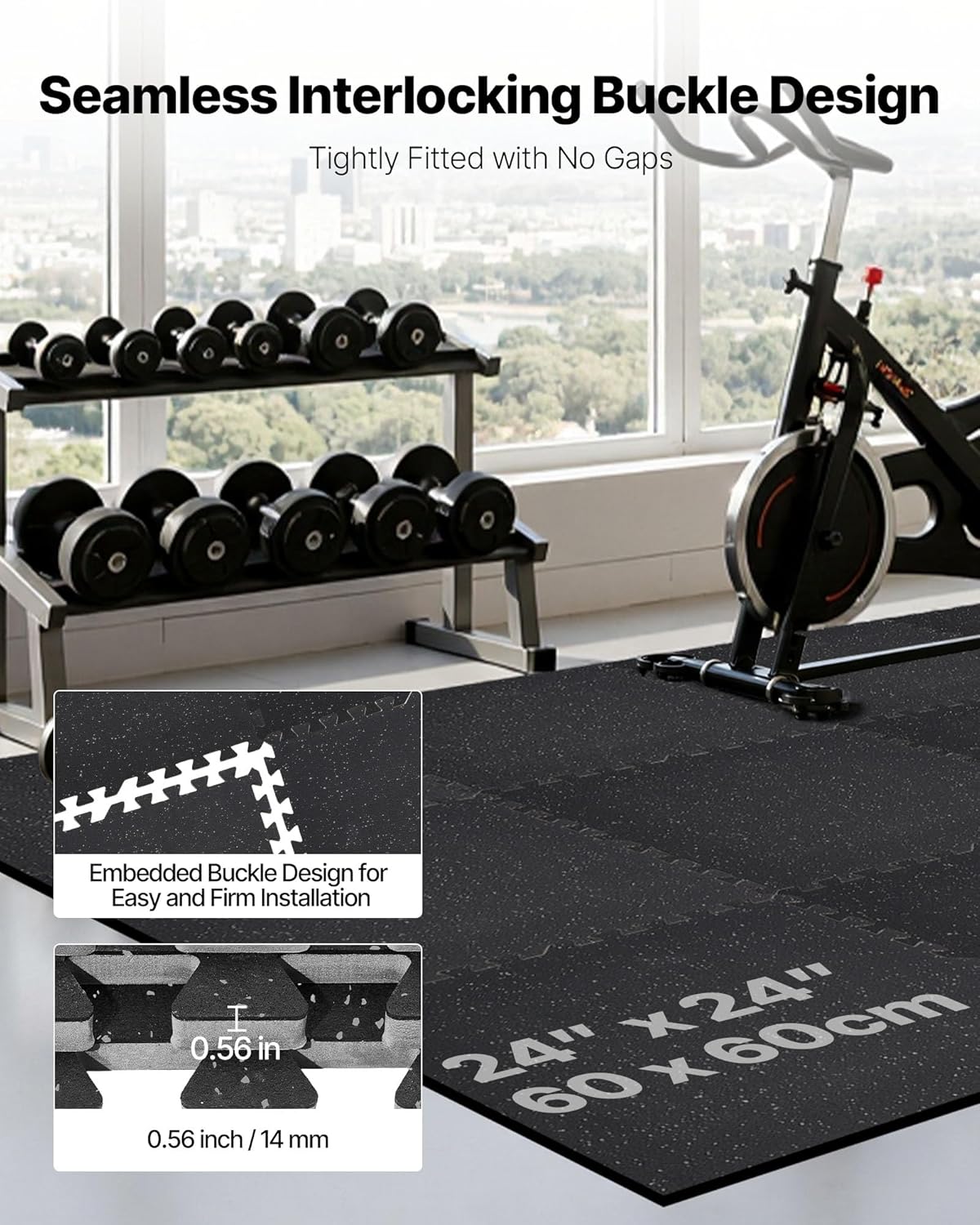 VEVOR Gym Flooring Tiles - 0.56 Inch Thick Rubber Top with High Density EVA Foam | 24 x 24 Inch Interlocking Mats in Black & Gray - Perfect for Home Gyms