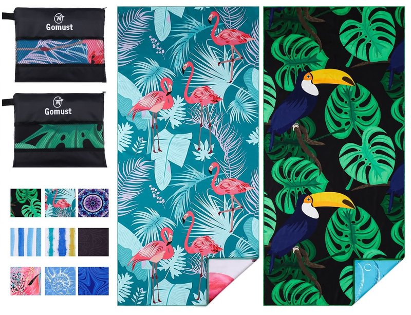 Gomust 2 Pack Lightweight Thin Beach Towel Oversized 71"x32" Big Extra Large Microfiber Sand Free Towels for Adult Quick Dry Travel Camping Beach Accessories Vacation Essential Gift Flamingo Toucan