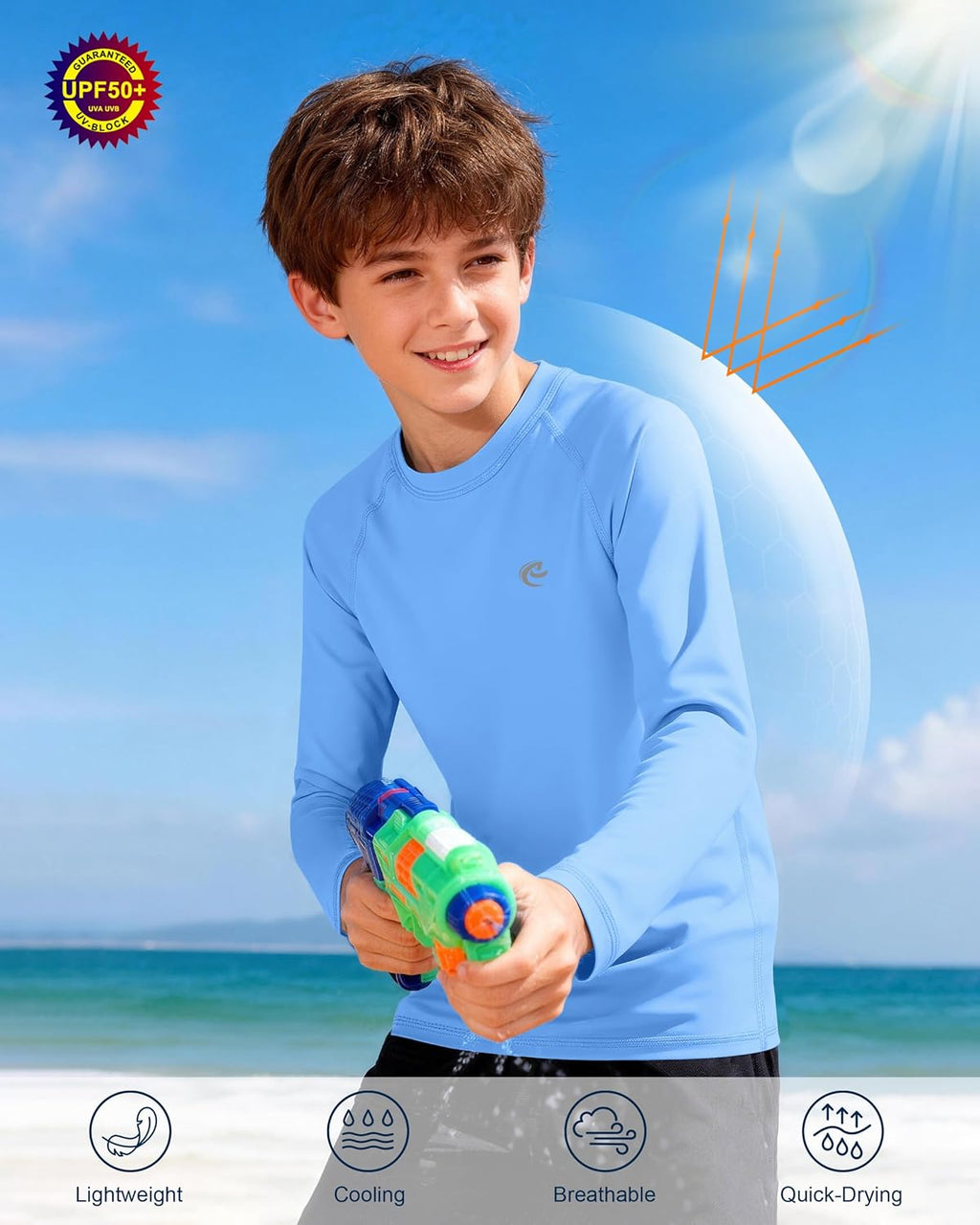 Regine Switzerland Boys UPF 50+ Swim Shirt - Long Sleeve UV Sun Protection Rash Guard | Youth SPF Water Shirt