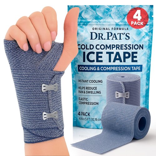 Dr Pat's Ice Tape (4 Pack) - Cooling Bandage Wrap Athletic Tape - Compression Instant Cold Compress Wrap with Menthol - Elastic, Athletic for Sore Muscles, Pain Relief Now, Swelling, Recovery, Sports
