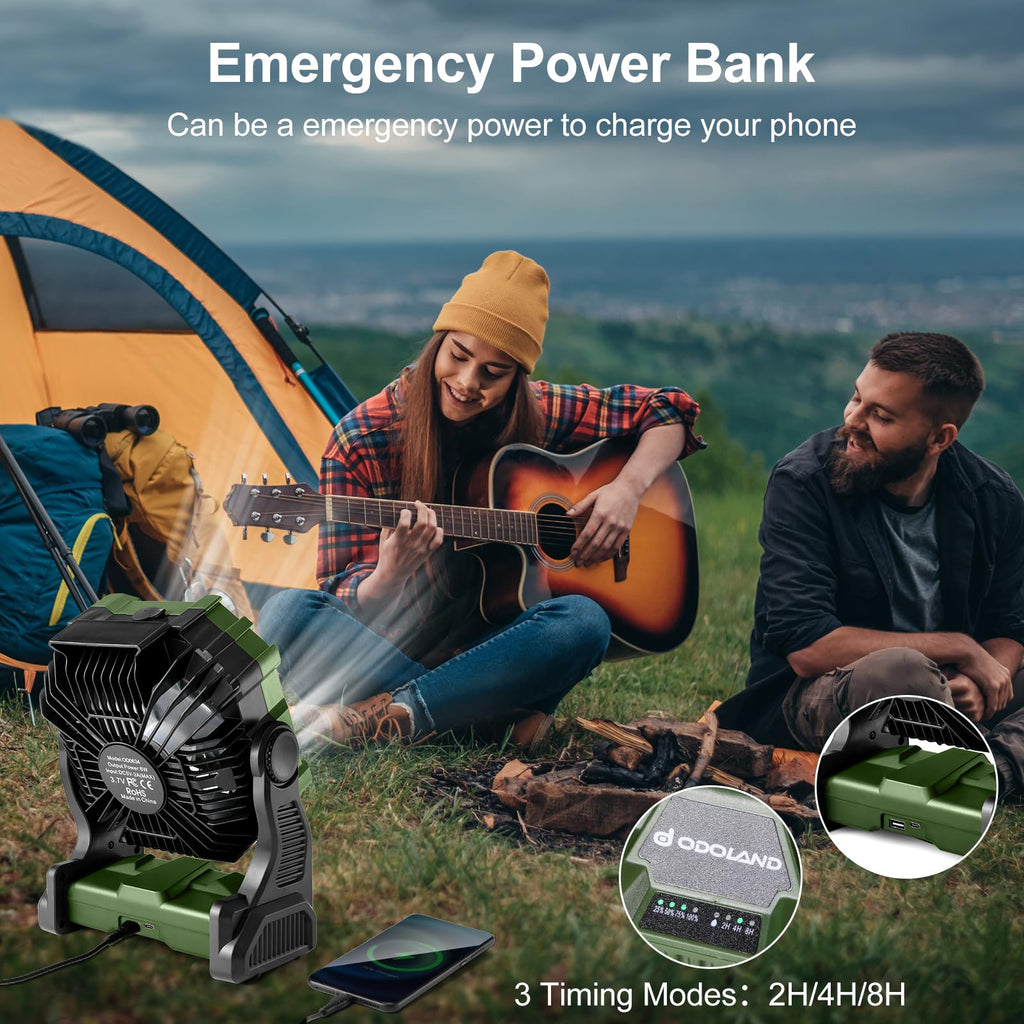 Odoland Portable Camping Fan with LED Lantern, 20000mAh Battery Operated Rechargeable Misting Fan with Light, 250mL Water Tank, Hook, Outdoor Tent Cooling Fans for Patios Beach Travel Summer, Green