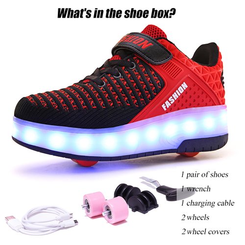 Ufatansy Rechargeable Boys LED Shoes Roller Skates Girls Roller Skate Shoes Kids LED Light up Wheel Sneakers Charging by USB Double Wheels for Kids(1 M US = CN32, Red)