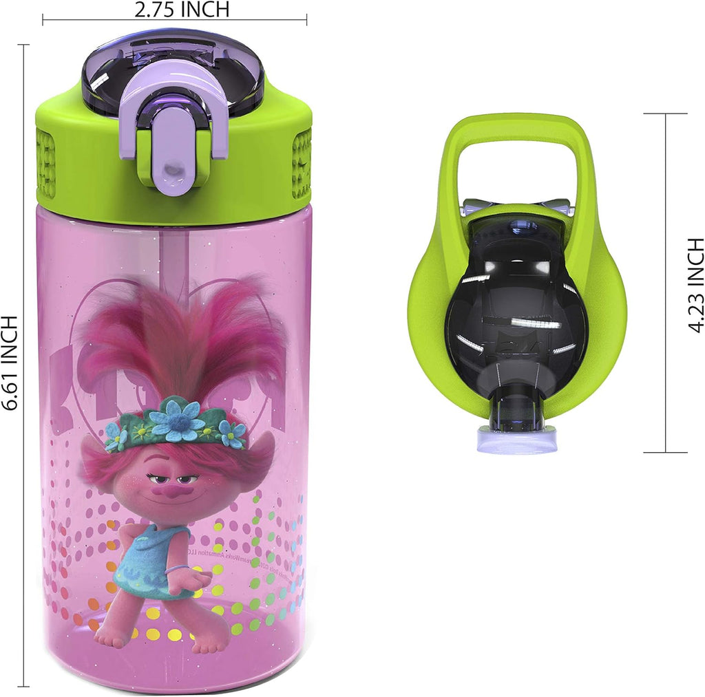 Zak Designs DreamWorks Kids Water Bottle - Durable Leak-Proof Spout Cover | 16oz, 2-Pack, Trolls 2 Design