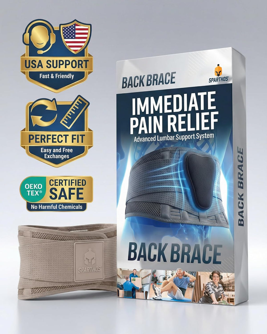 Sparthos Back Support Belt - Instant Relief for Lower Back Pain & Sciatica - Breathable Lumbar Brace - Fits 31–38″ Waist (Taupe, Small)