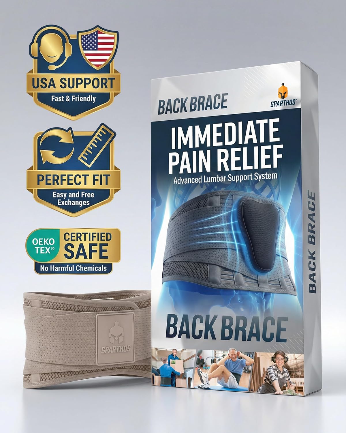 Sparthos Back Support Belt - Instant Relief for Lower Back Pain & Sciatica - Breathable Lumbar Brace - Fits 31–38″ Waist (Taupe, Small)