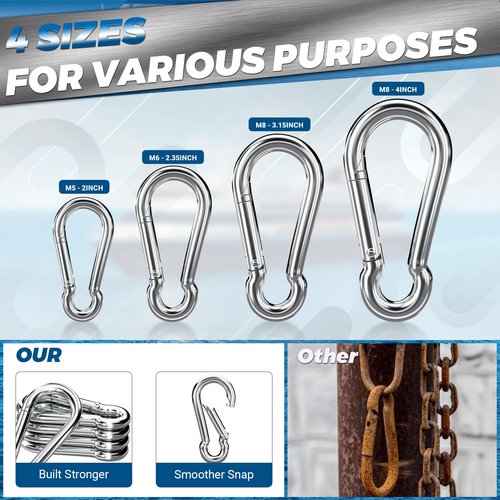 sprookber 316 Stainless Steel Carabiner Clip, 3.15 Inch Marine Grade Heavy Duty Spring Snap Hook for Outdoor, Boat, Hammock, Set of 5