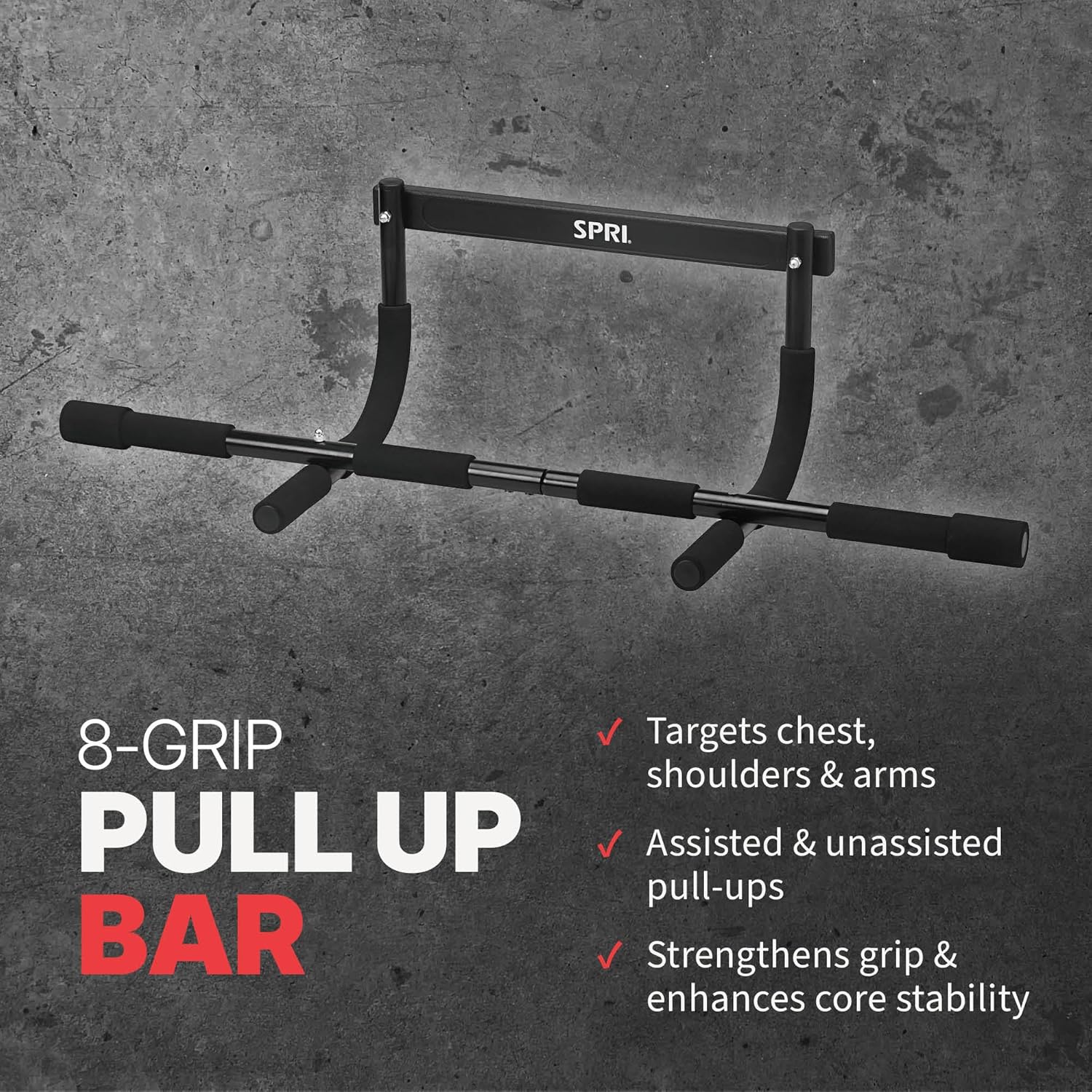 SPRI Pull Up Bar - Versatile 8-Grip & 12-Grip Door Frame Mount - Rugged Steel, Foam Handles - Supports 300 lbs, Fits Up to 32" Wide - Black