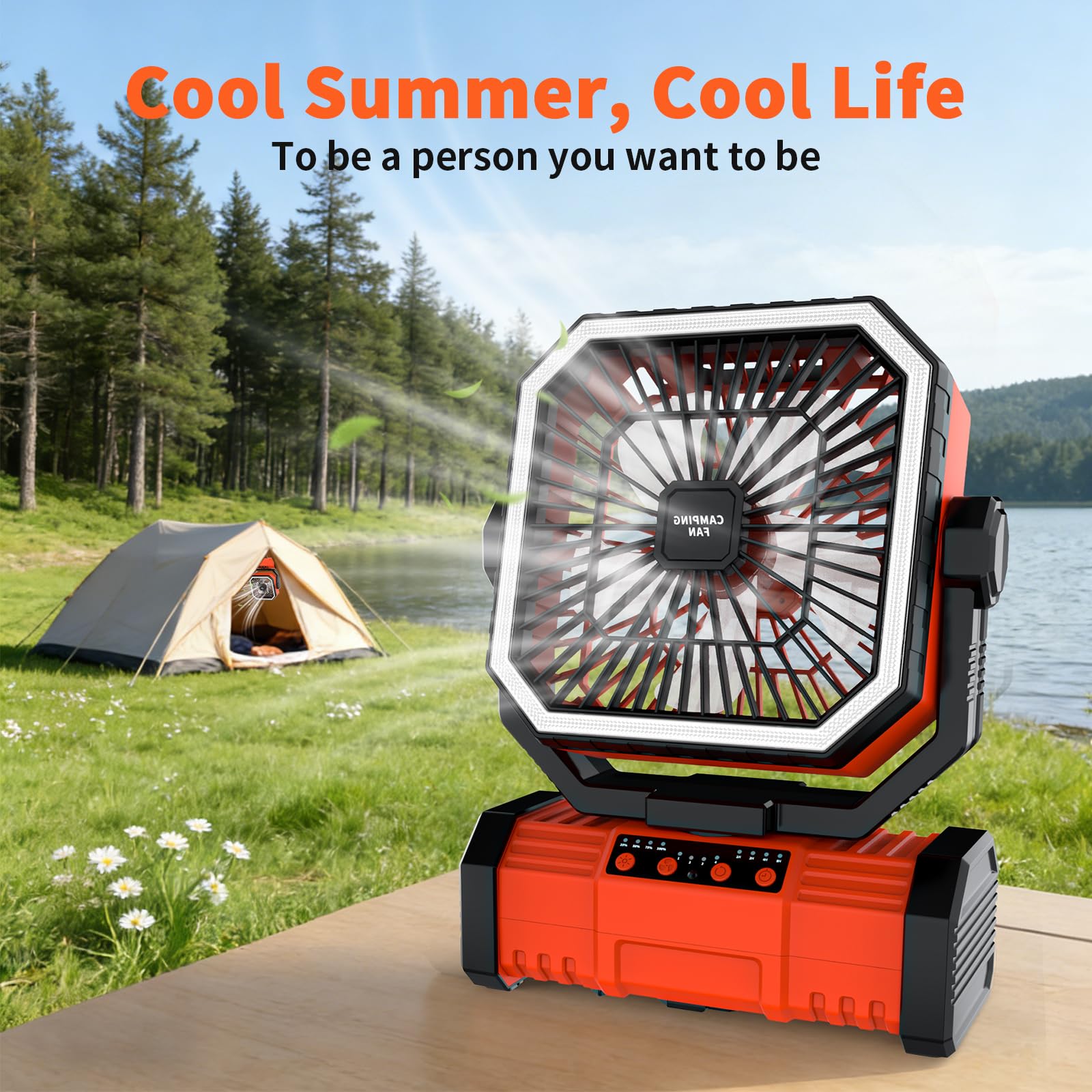Super RGB 20000mAh Portable Camping Fans,Rechargeable Battery-Operated Oscillating Tent Fan with 4-Speeds,LED Light & Remote 360° Rotating Hook for Home,Outdoor and RV Travel in Summer Orange