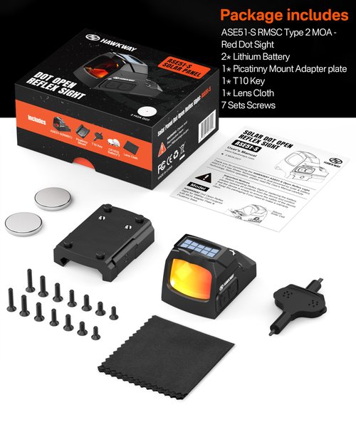 HAWKWAY 2 MOA Red Dot Sight for Pistol RMSC Dot Open Reflex Sight Auto Shaking Switch Solar & Auto Switching Parallax Free for Full-Sized