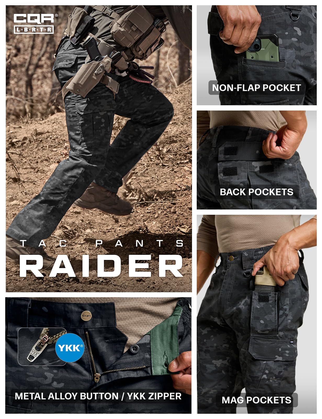 CQR Men's Tactical Pants, Water Resistant Ripstop Cargo Pants, Lightweight EDC Work Hiking Pants, Outdoor Apparel, Duratex Mag Pocket Print Utility Camo Black, 38W x 30L