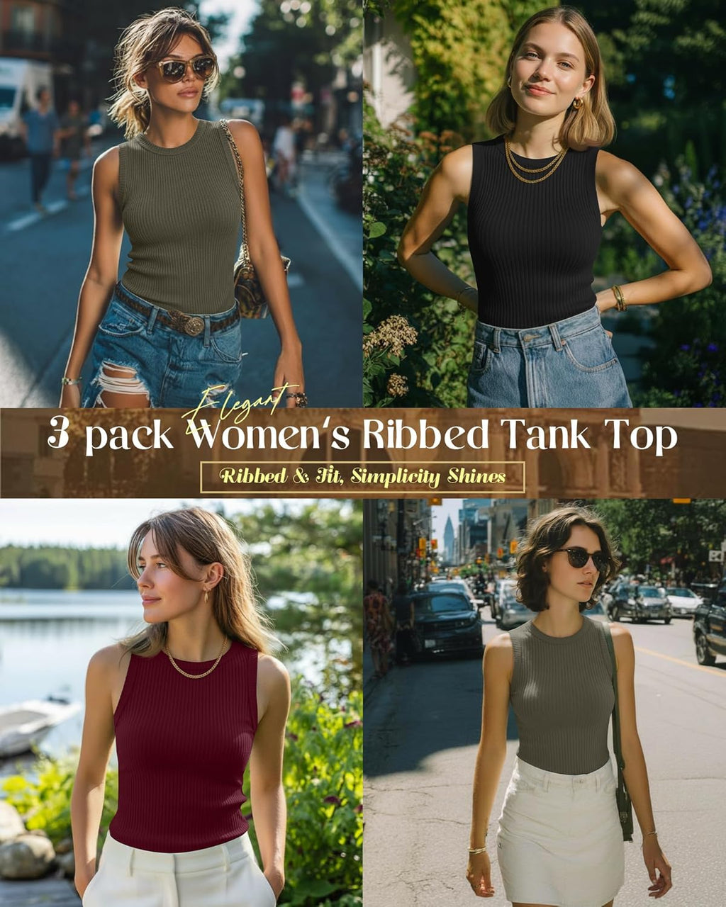 Skiennix Women's Ribbed Tank Tops - High Neck Sleeveless Knit Tees | 95% Cotton Slim Fit Cami (3 Pack)