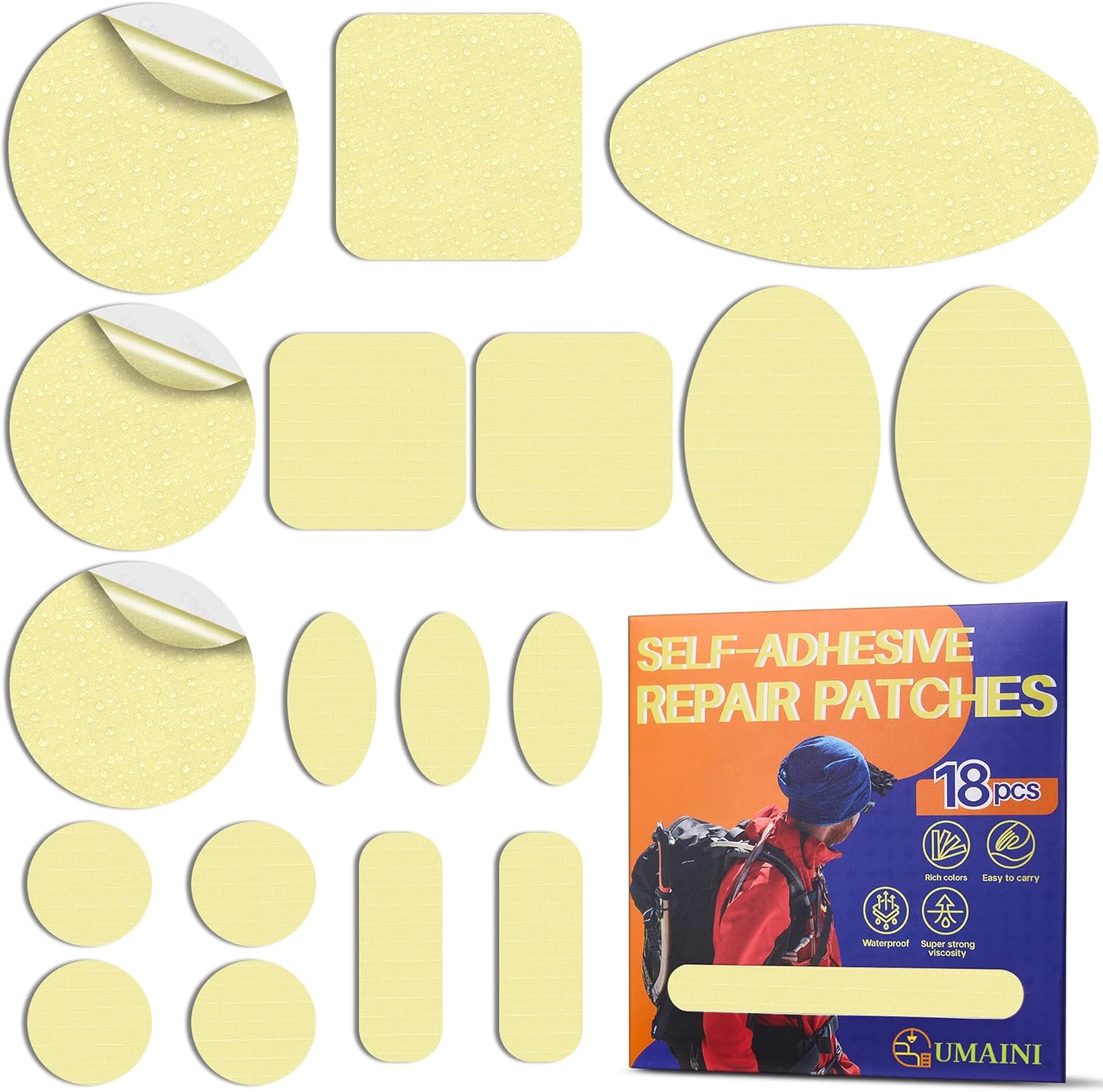 Tenacious | Down Jacket Repair Patch Kit - Waterproof Self-Adhesive Fabric Patches (18 Pcs, Beige)
