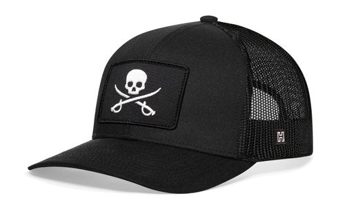 HAKA Jolly Roger Flag Black Trucker Hat – Jolly Roger Mesh Snapback Cap for Men, Women & Golf, Pirate Flag Design Baseball Dad Hat
