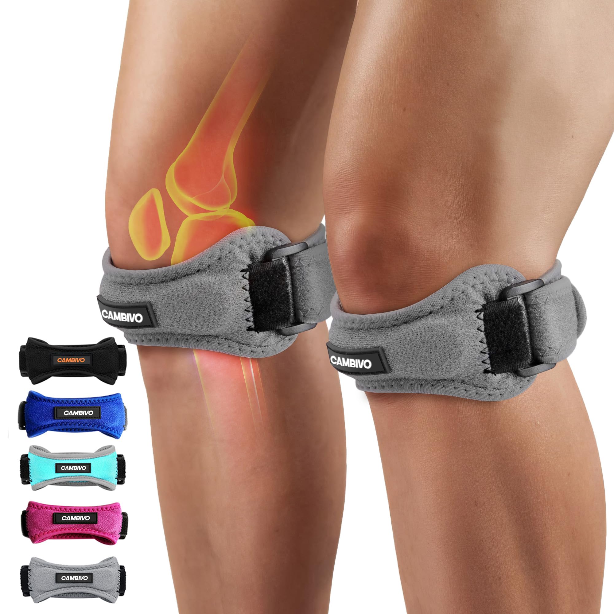 CAMBIVO 2 Pack Knee Braces for Women and Men, Patella Knee Support Strap, Basketball, Running, Hiking, Volleyball, Tennis, Squats (Gray)