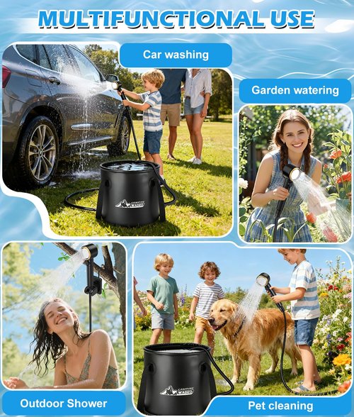2026 Upgraded Portable Shower for Camping, 8000mAh Rechargeable Camping Shower Pump with 5 Gal Foldable Bucket, 5 Pressure Modes, IPX8 Waterproof, Outdoor Shower for Hiking, Travel, Car, Pet, Beach