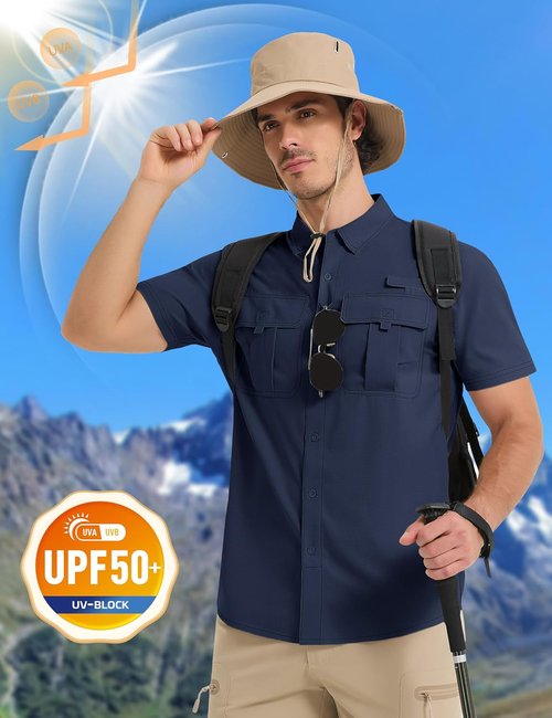 MAGCOMSEN Men's UPF 50+ Fishing Shirts UV Sun Protection Cooling Quick Dry Short Sleeve Shirts for Hiking Safari Camping