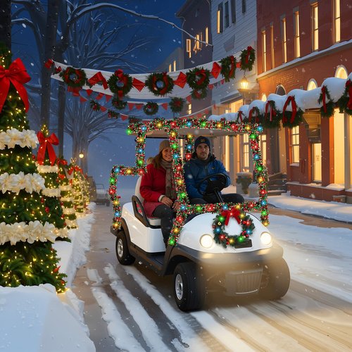 Suncalla 6 Pcs Christmas Golf Cart Decorations Christmas Golf Cart Seat Covers with Tinsel Garland, Xmas Wreath and LED Lights for Xmas Decorations Holiday Parade(Green,Classic)