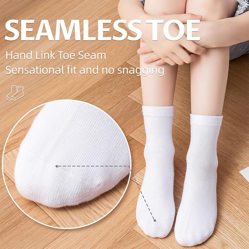 6 Pack Kids Crew Socks for School Uniforms - Soft Cotton Seamless Toe, White, Medium (A-White+Medium)