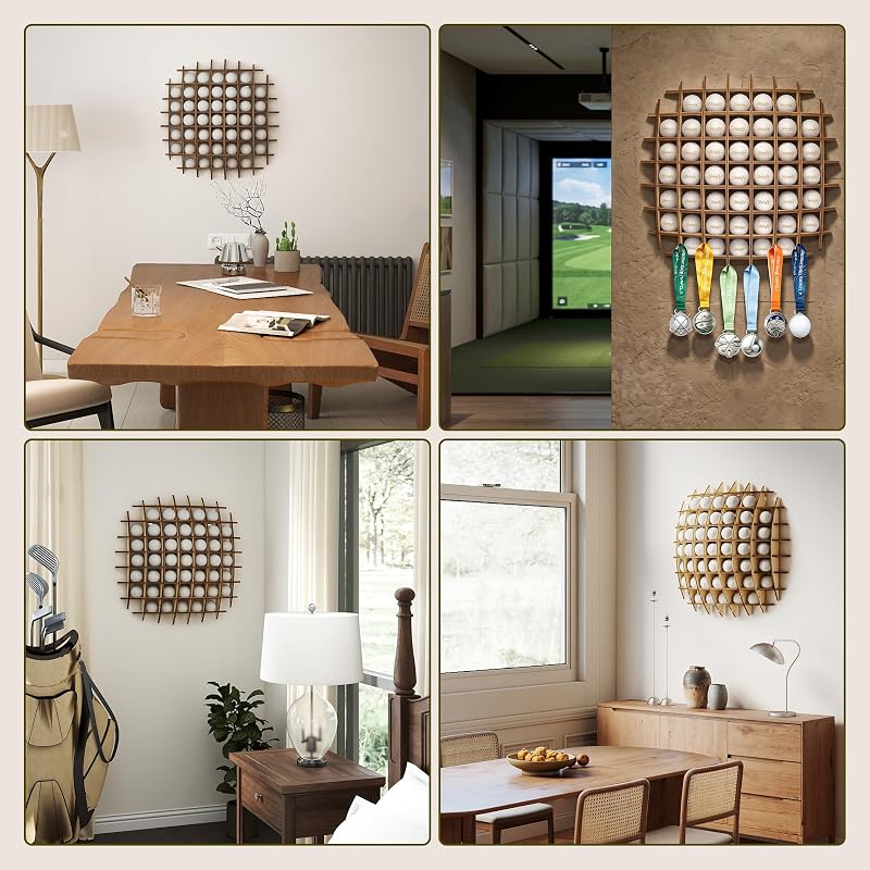 Wall-Mounted Golf Ball Display Case, 52-Ball Wooden Holder Rack