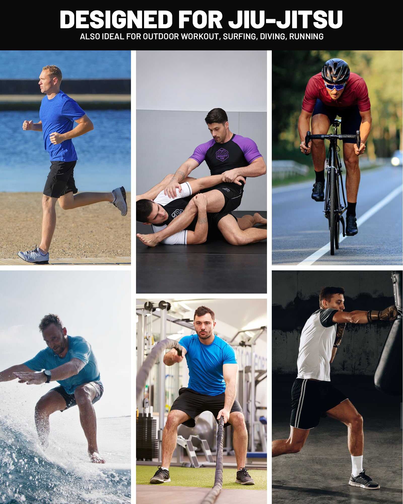 Runhit Men’s BJJ Rash Guard Short Sleeve No Gi Ranked Jiu Jitsu Compression Shirt for MMA Grappling Swimming Training Base Layer Quick Dry Purple XL