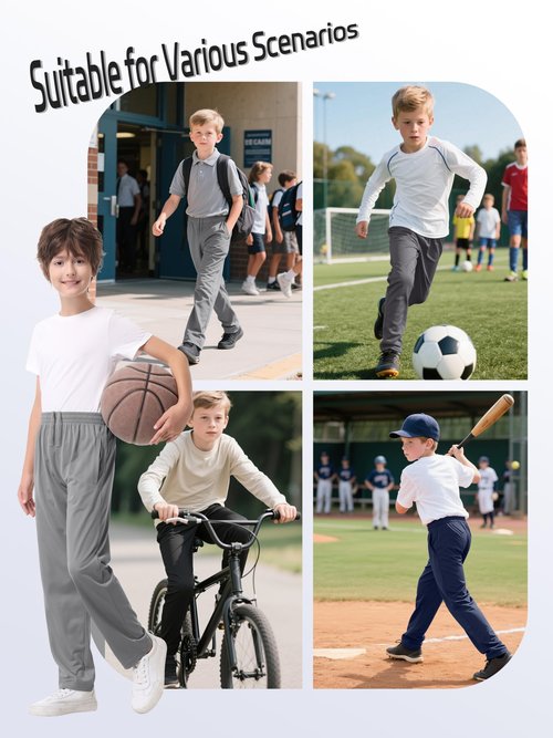 4 Pack Boys Lightweight Sweatpants, Tricot Sweat Pants for Boys Athletic Open Bottom Pants with Pockets & Drawstring Black, Navy, Dark Gray, Gray Set A L