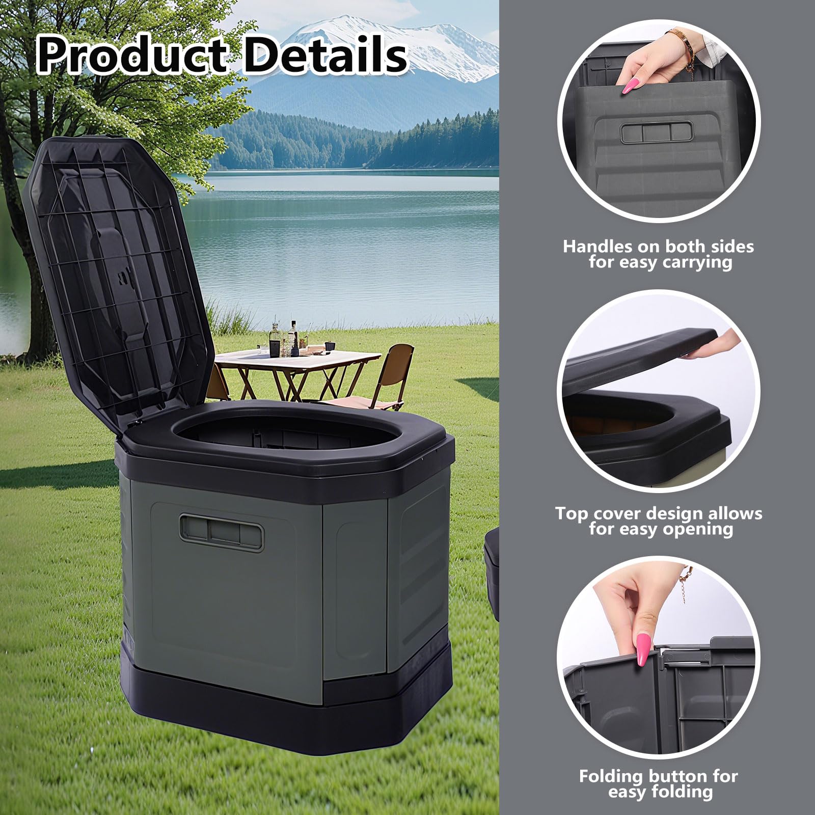RWORCP Portable Camping Toilet, Portable Travel Folding Toilet with Lid for Adults and Kids, Portable Potty for Camping, Hiking, Car Travel,Truck, RV, Boating, Road Trips, Beach (Grey)