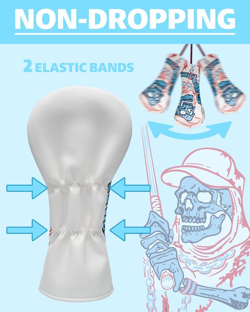 Golf Club Head Covers,3pcs Skull Skeleton Driver Fairway Hybrid Golf Headcovers for Woods, PU Leather with Advanced Embroidery for Most Brands-White