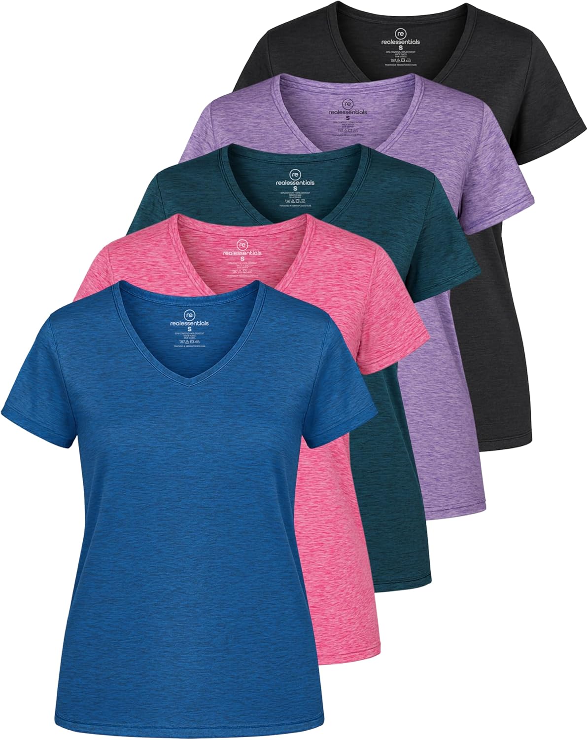 Real Essentials Women's Dry-Fit V-Neck Short Sleeve T-Shirt - 5 Pack Workout Yoga Tops (Plus Size Available)
