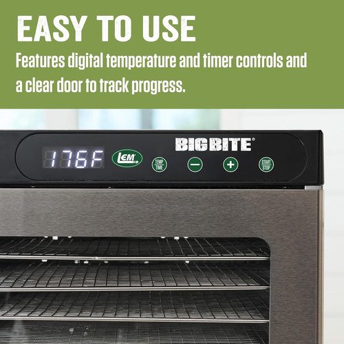 LEM Products BigBite 10-Tray Stainless Steel Dehydrator - Perfect for Jerky, Fruits & Vegetables | Silver Finish