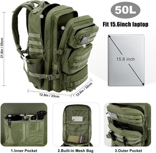Military Tactical Backpack - 50L Large Molle Assault Pack for Men | Water-Resistant Dark Green Rucksack
