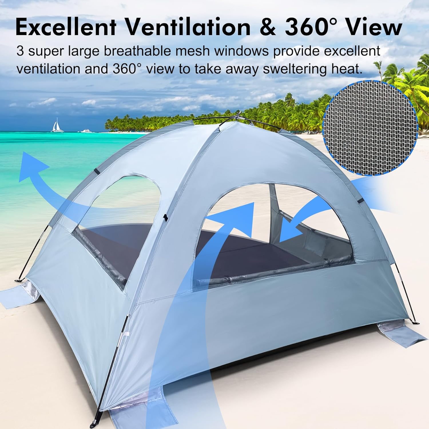 WhiteFang Beach Tent - Anti-UV Portable Sun Shade Shelter for Up to 8 People | Extendable Floor & 3 Mesh Windows