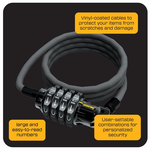 OnGuard Terrier Combo 4' Cable Lock – 120 cm × 6 mm Twisted Steel Cable, 4-Digit Resettable Combination, Vinyl-Coated Security Cable