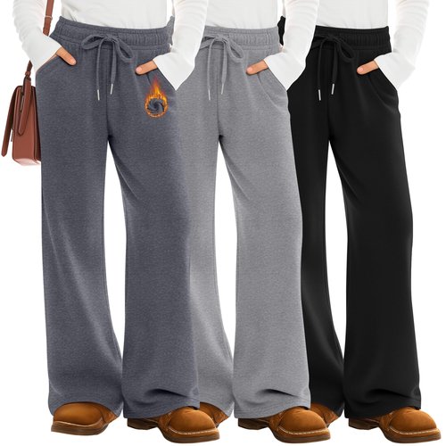 LessonZoo 3 Pack Girls' Fleece Sweatpants Wide Leg Drawstring Casual Kids Joggers Open Bottom Loose Teen Pants with Pockets(Dark Mixed Gray, Light Mixed Gray, Black,Large)