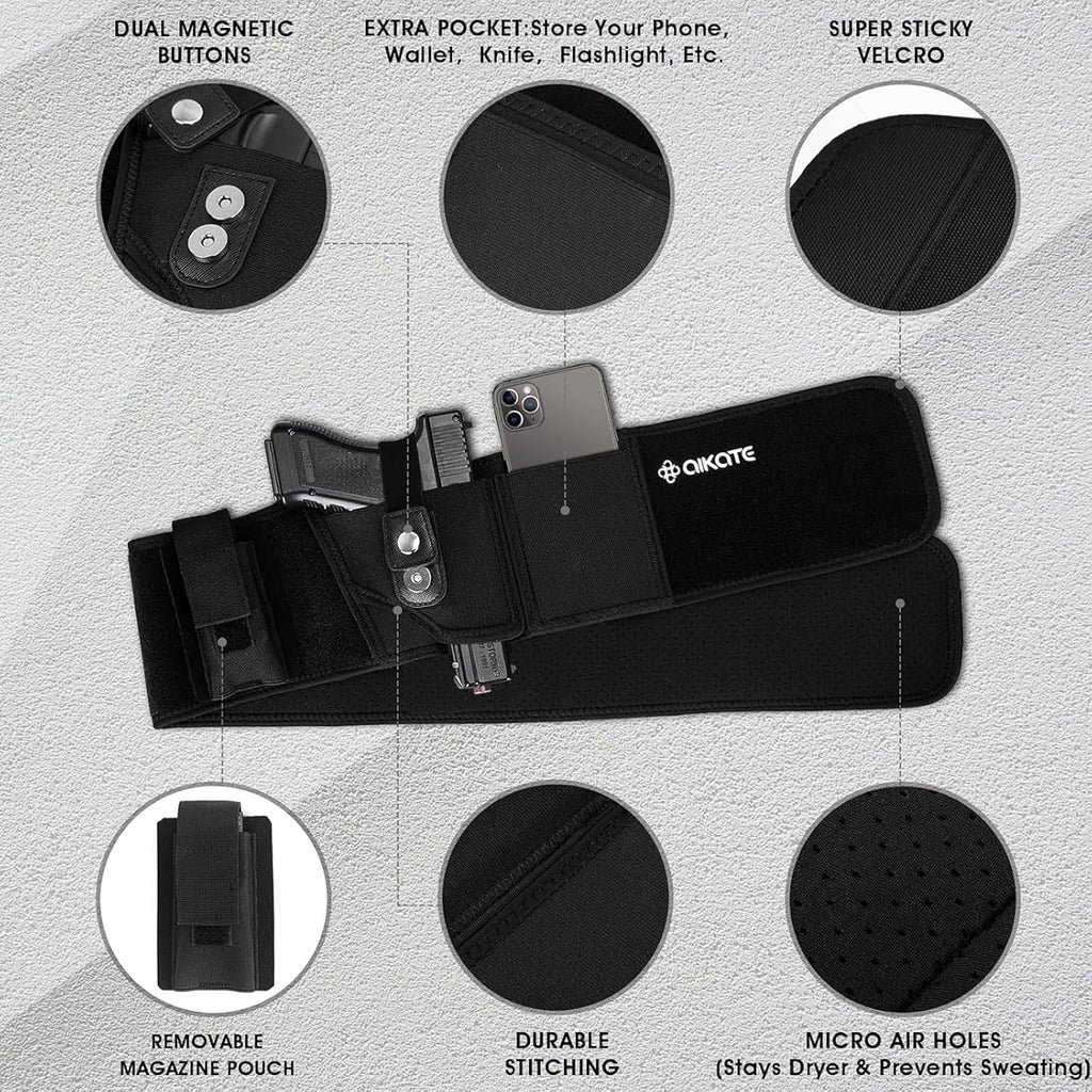 AIKATE Belly Band Holster - Upgraded Concealed Carry Solution for Glock 19, 17 & S&W M&P Shield 9MM