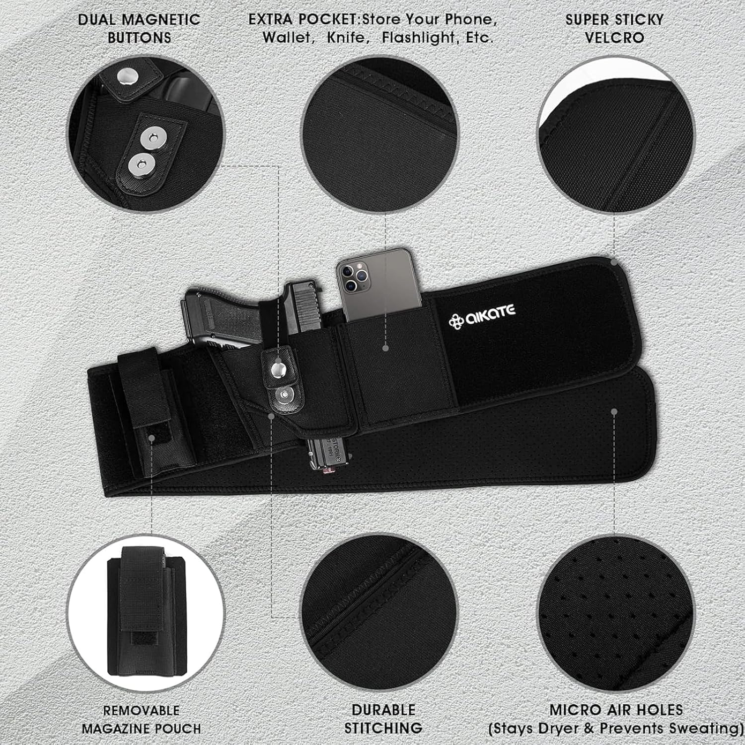 AIKATE Belly Band Holster - Upgraded Concealed Carry Solution for Glock 19, 17 & S&W M&P Shield 9MM