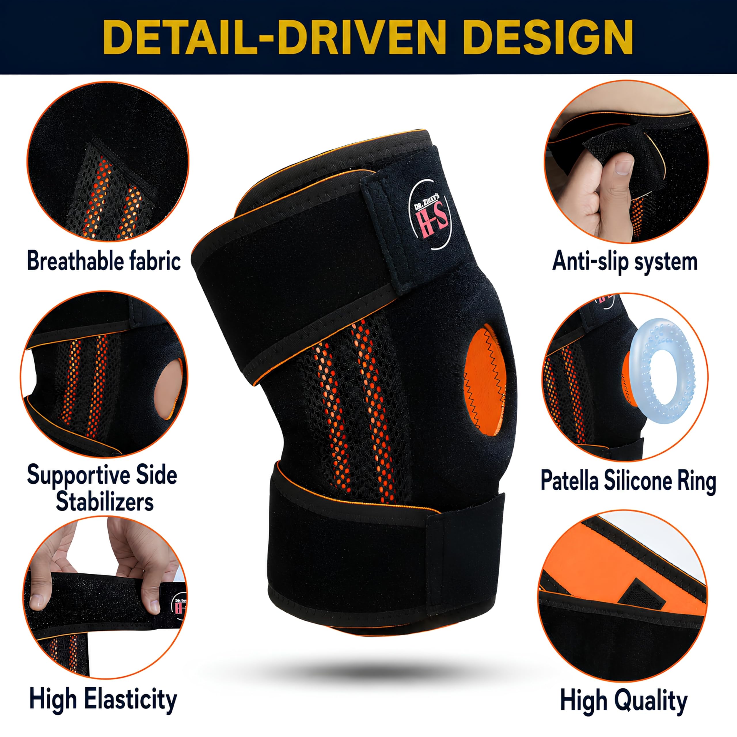 Dr. Zikky's Adjustable Knee Brace. Lightweight Compression Support with Dual Side Stabilizers, Patella Gel Ring & Non-Slip Straps for Comfort During Activity or Recovery (Gray Pink)