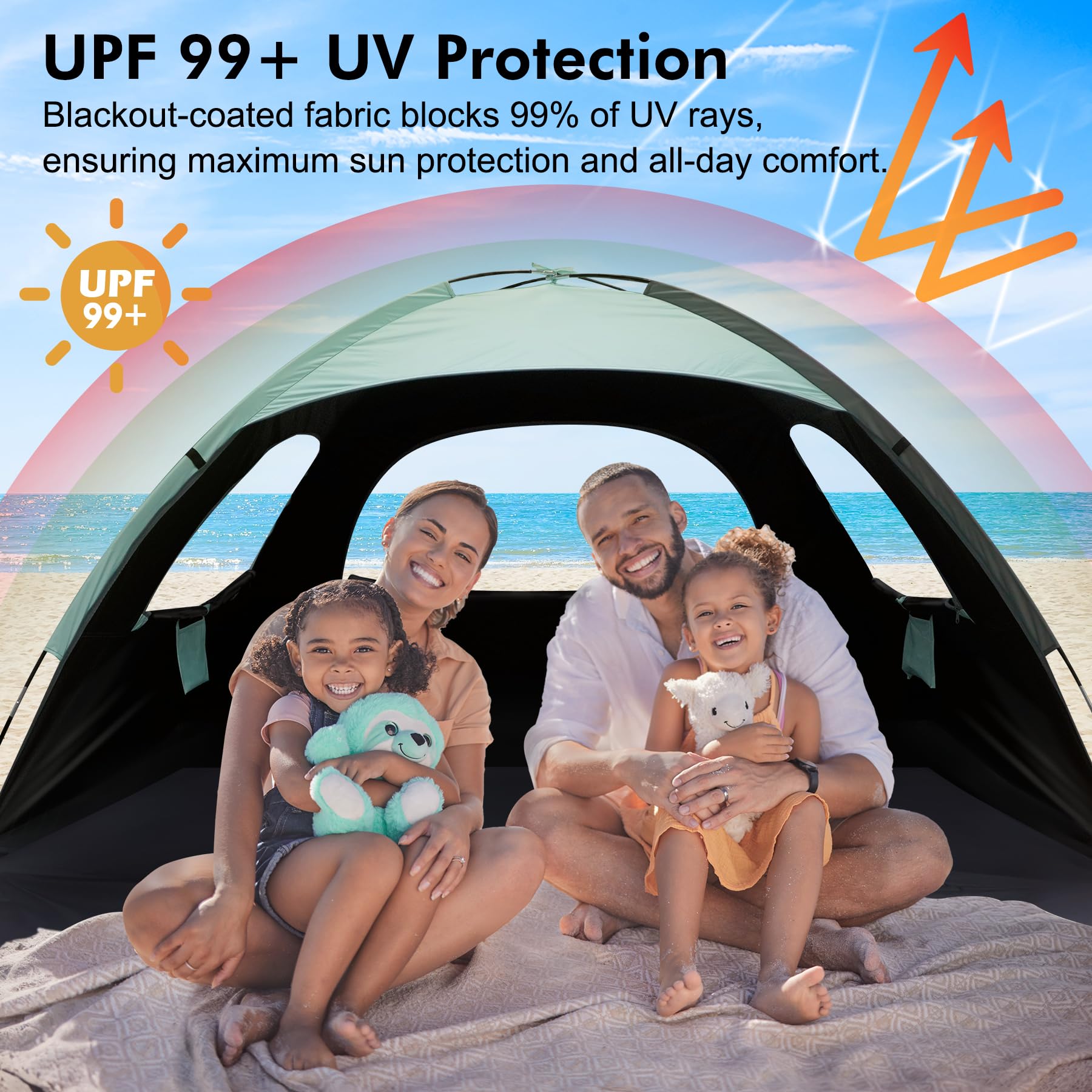 WhiteFang Beach Tent Anti-UV Portable Sun Shade Shelter for 4 Person with Blackout Shelter, Extendable Floor with 3 Ventilating Mesh Windows Plus Carrying Bag, Stakes and Guy Lines (Mint Green)