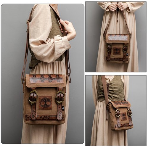 SV SENVAN Medieval Renaissance Crossbody Bag – Viking Steampunk Canvas Sling Pack，Brown Embossed with Metal LARP, Travel & Urban Adventures