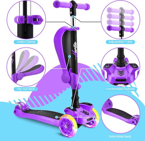 Hurtle 3-Wheeled Kids Scooter - LED Wheel Lights, Adjustable Handlebar, Foldable Seat | Sit or Stand Ride for Ages 1-14